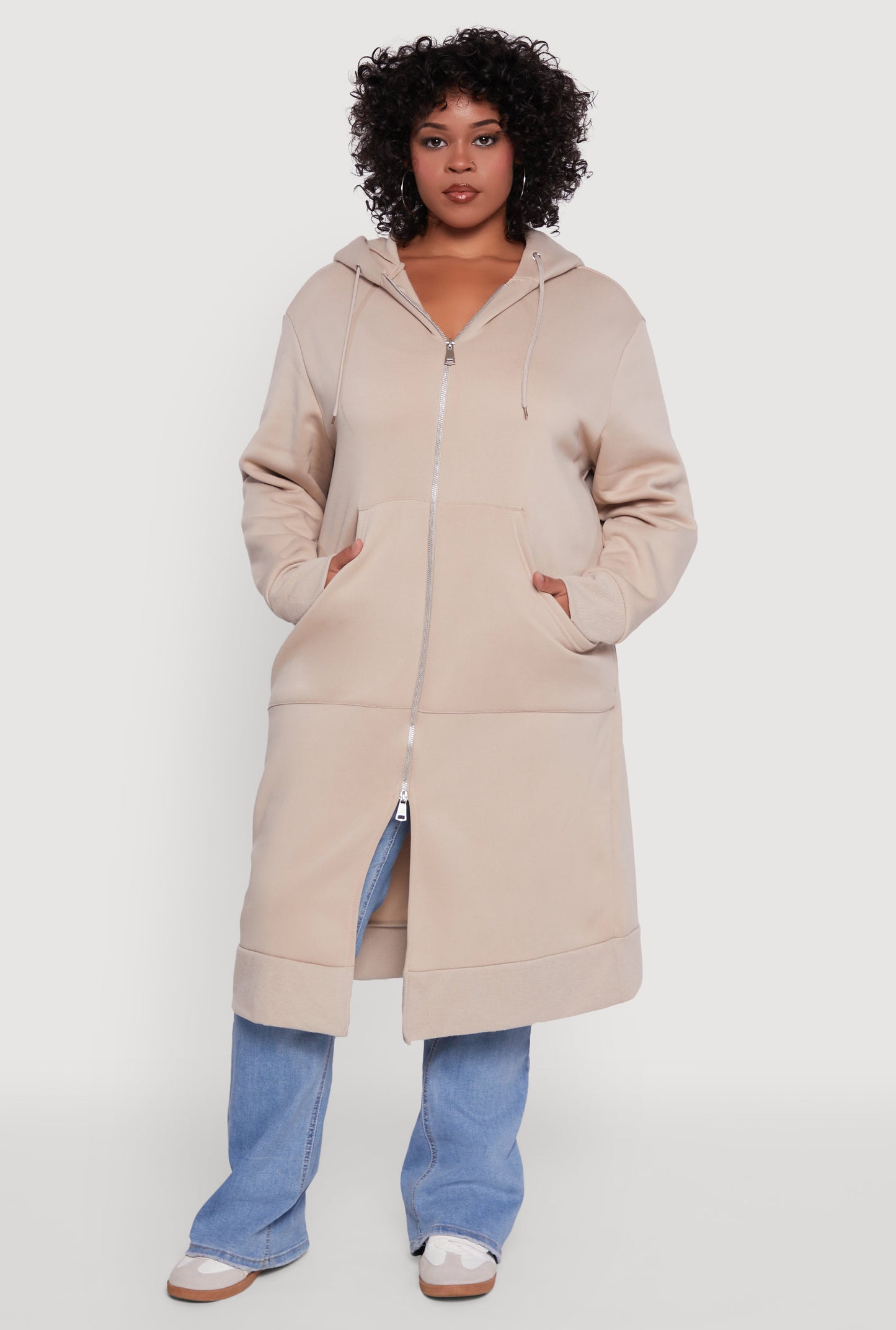 Plus Size Zip Front Long Hoodie