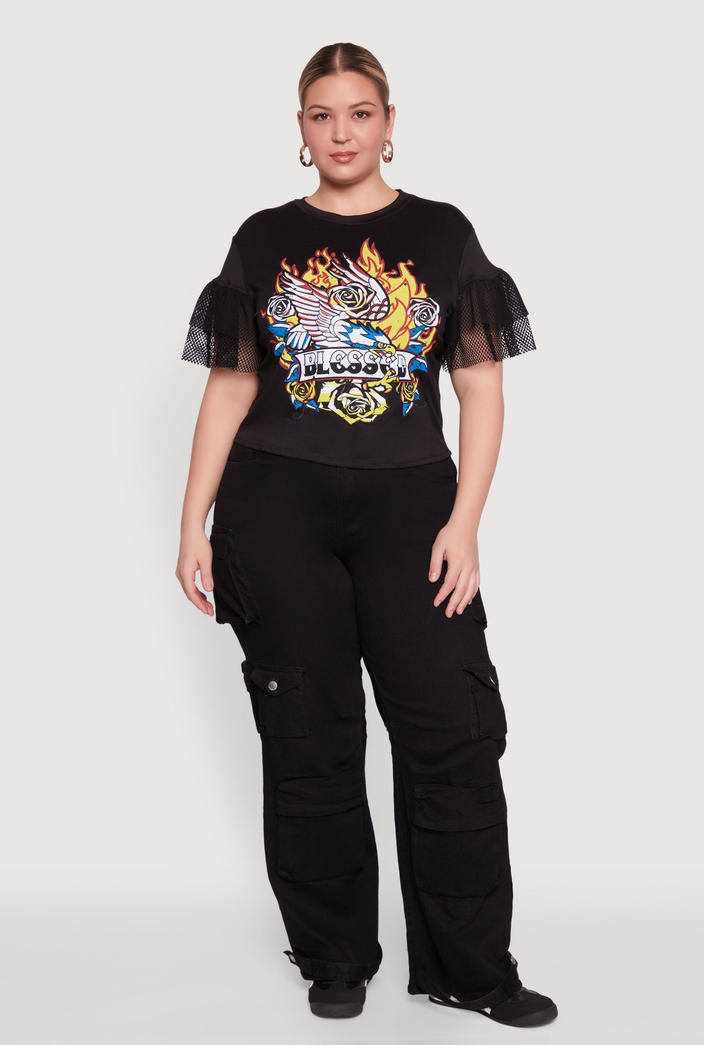 Plus Size Fishnet Sleeve Blessed Eagle Graphic Tee
