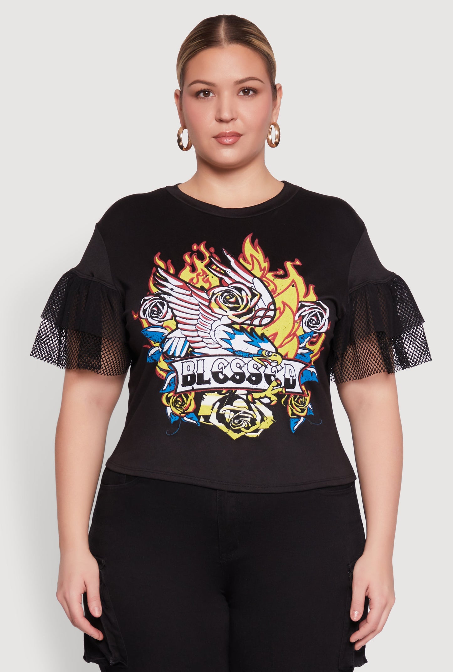 Plus Size Fishnet Sleeve Blessed Eagle Graphic Tee