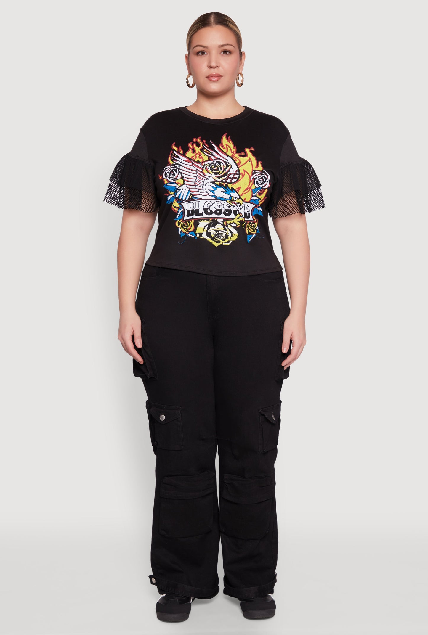 Plus Size Fishnet Sleeve Blessed Eagle Graphic Tee