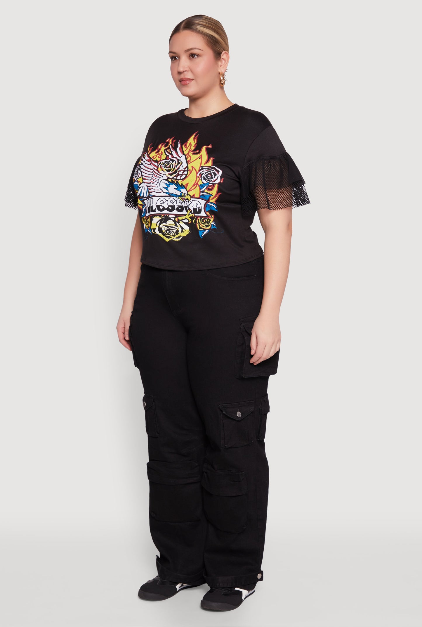 Plus Size Fishnet Sleeve Blessed Eagle Graphic Tee