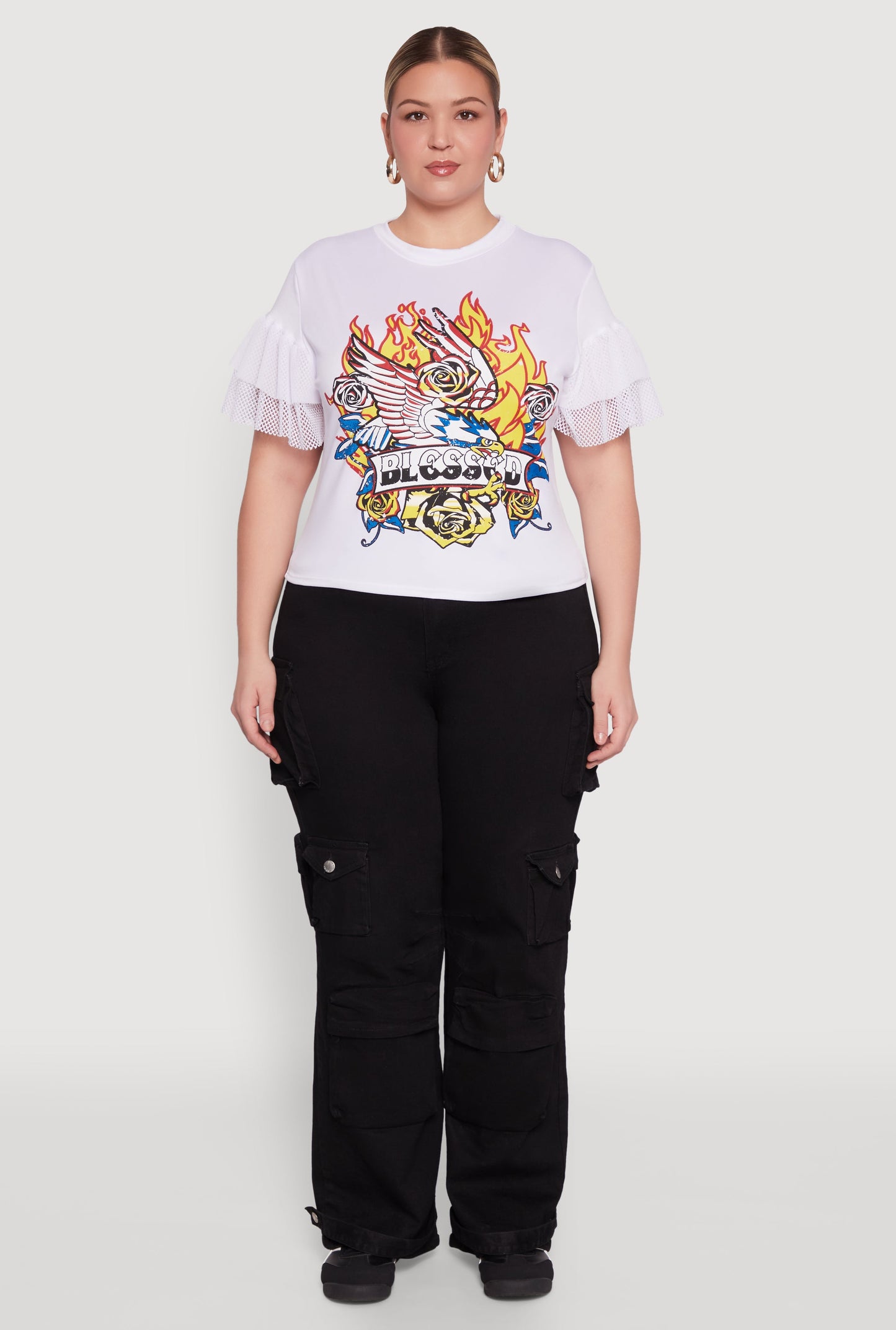 Plus Size Fishnet Sleeve Blessed Eagle Graphic Tee