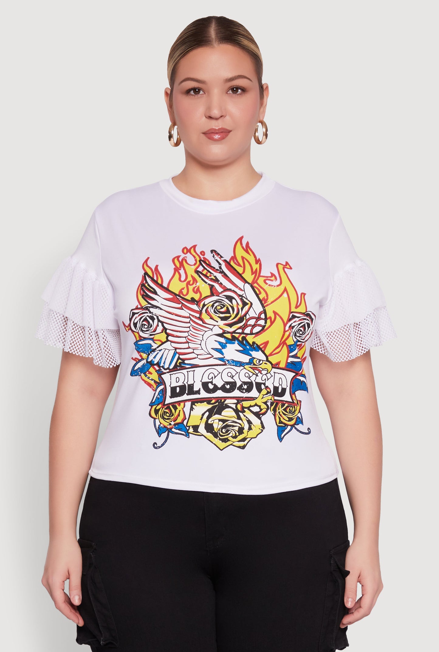 Plus Size Fishnet Sleeve Blessed Eagle Graphic Tee