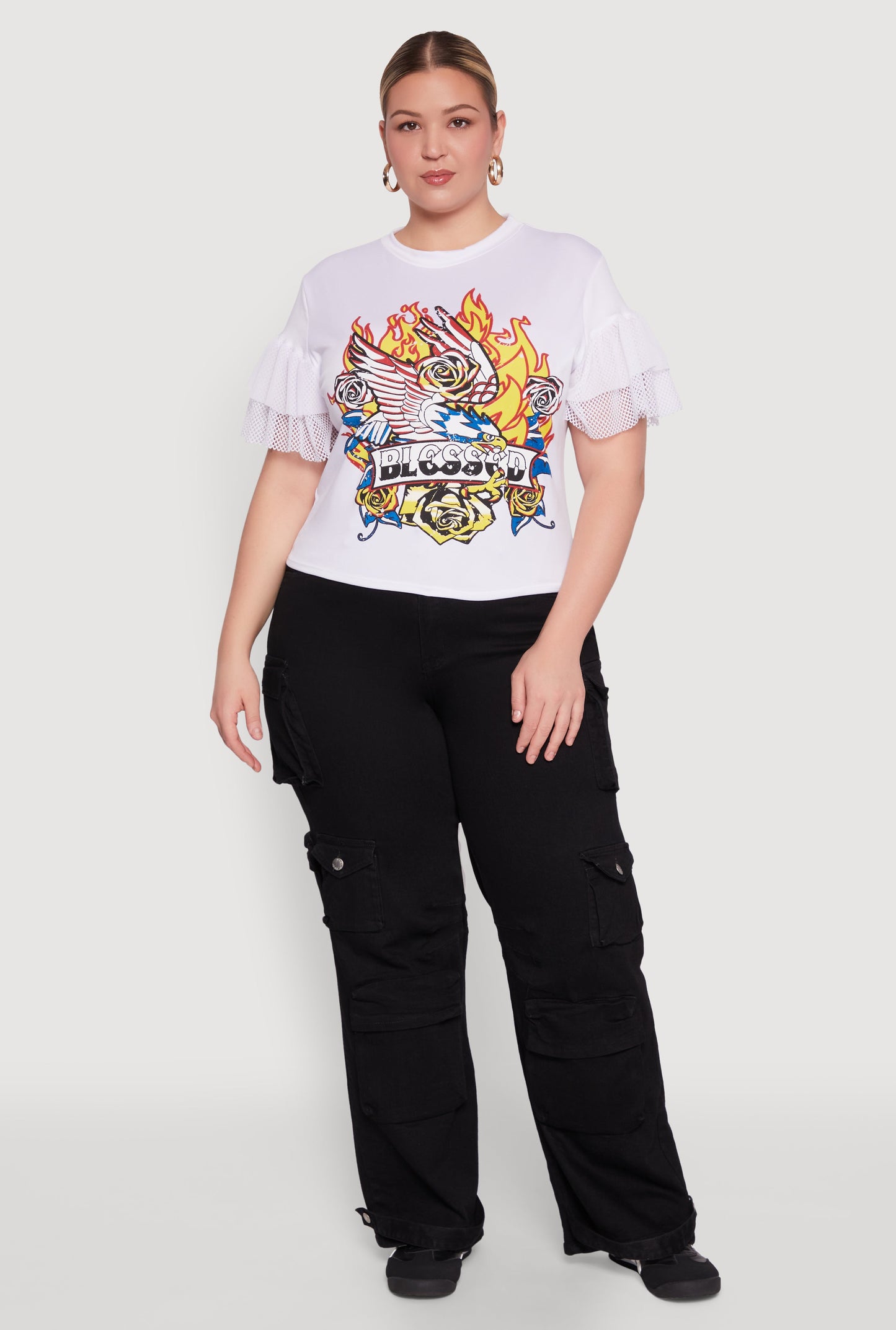 Plus Size Fishnet Sleeve Blessed Eagle Graphic Tee