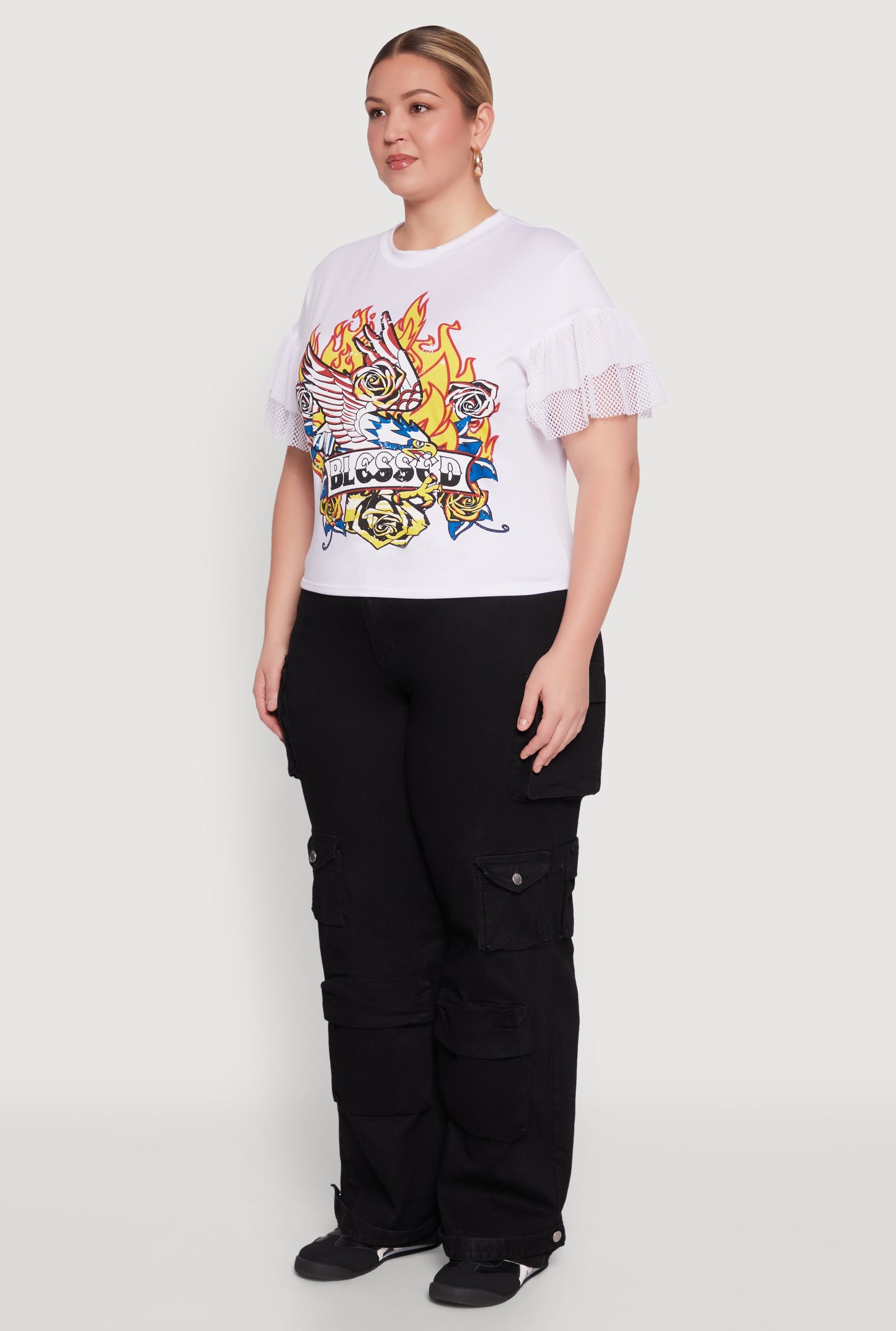 Plus Size Fishnet Sleeve Blessed Eagle Graphic Tee