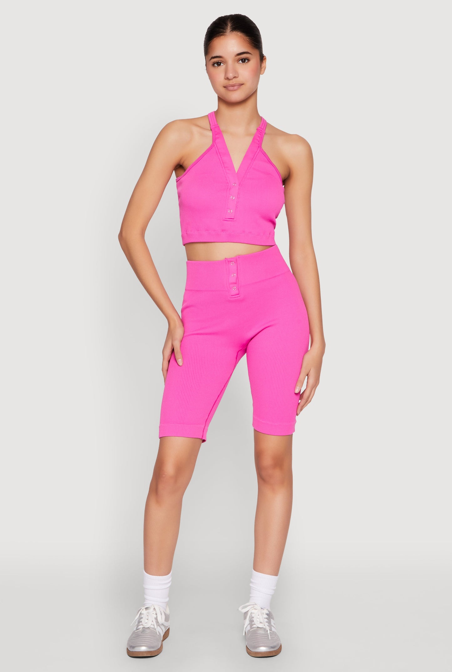 Seamless Ribbed Button Detail Biker Shorts
