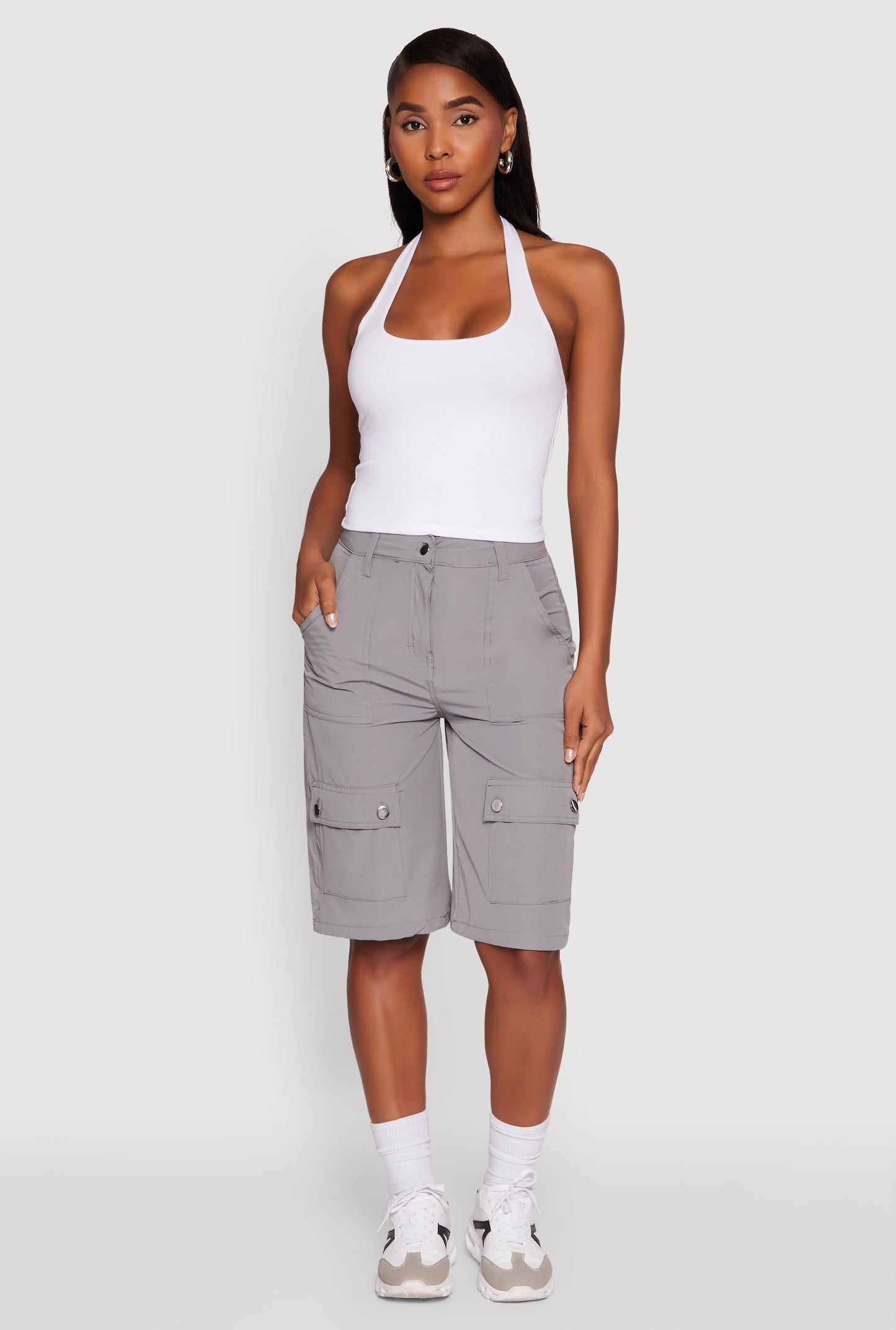 Trendy High Waisted Nylon Cargo Shorts