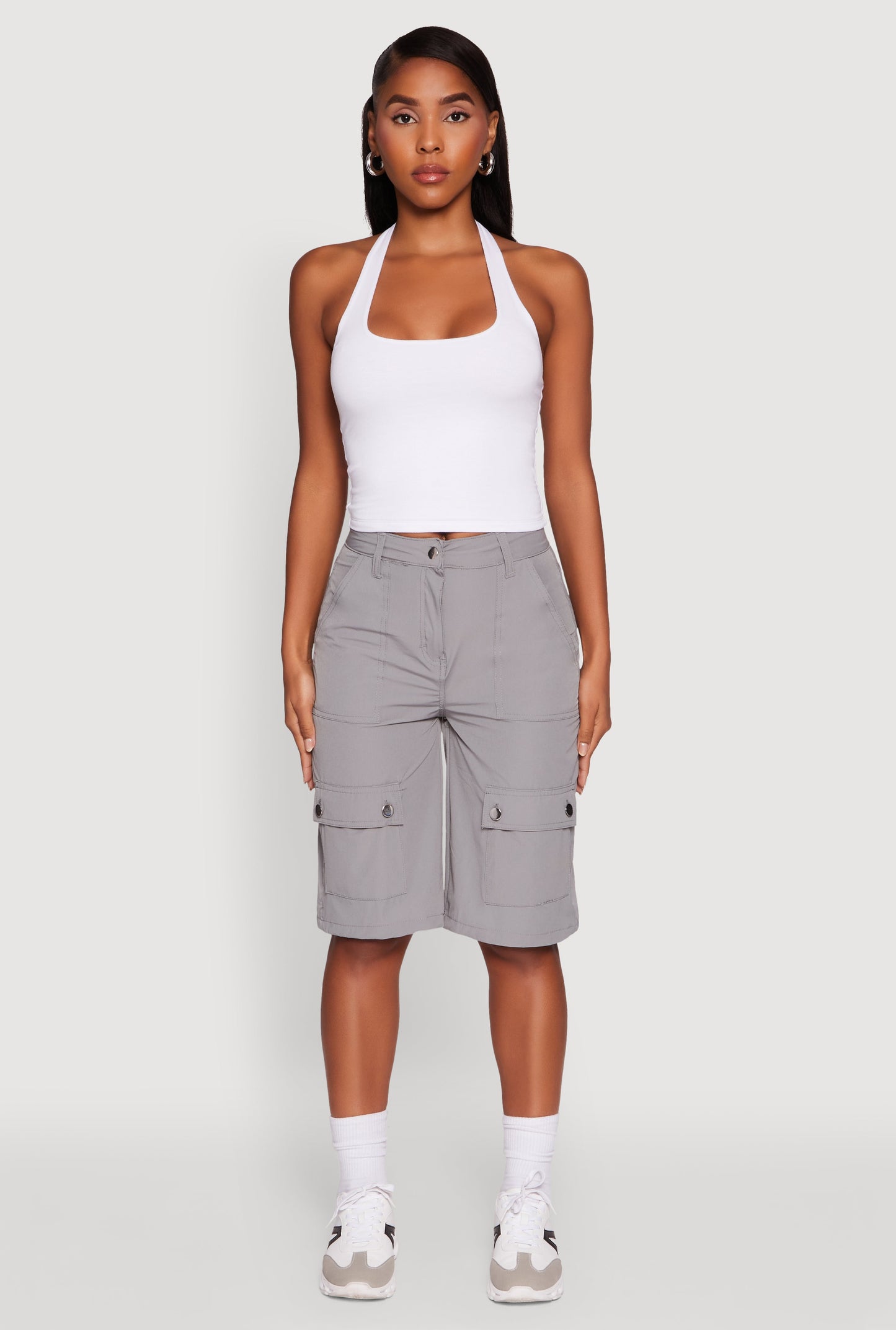 Trendy High Waisted Nylon Cargo Shorts