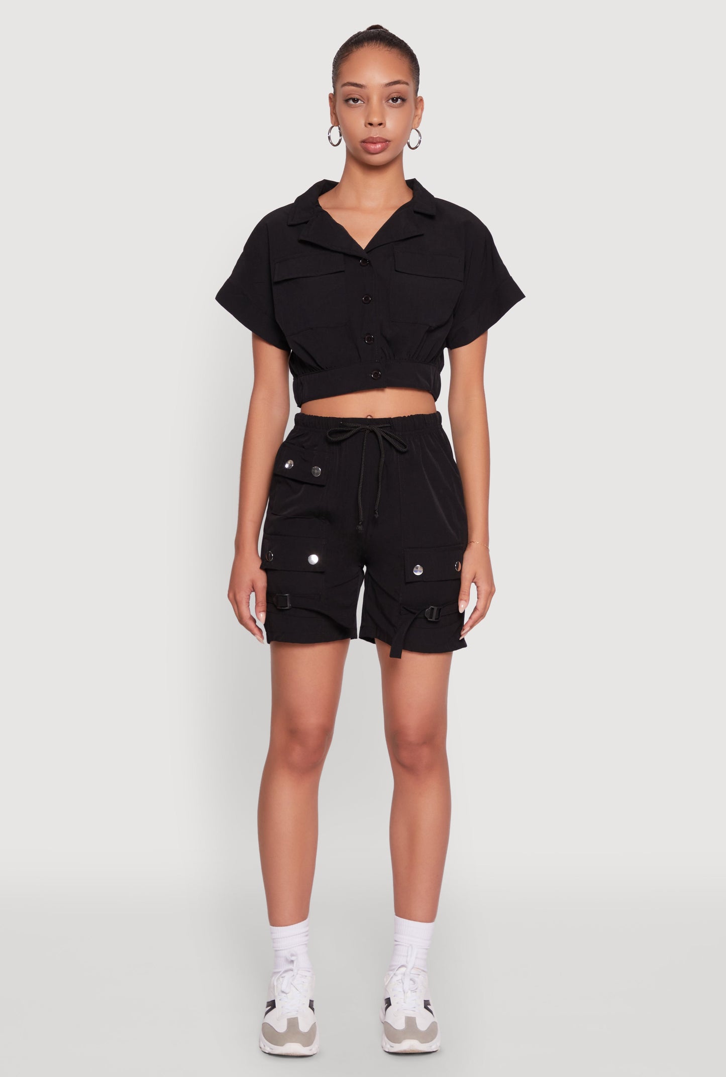 Trendy Nylon Drawstring Waist Utility Shorts