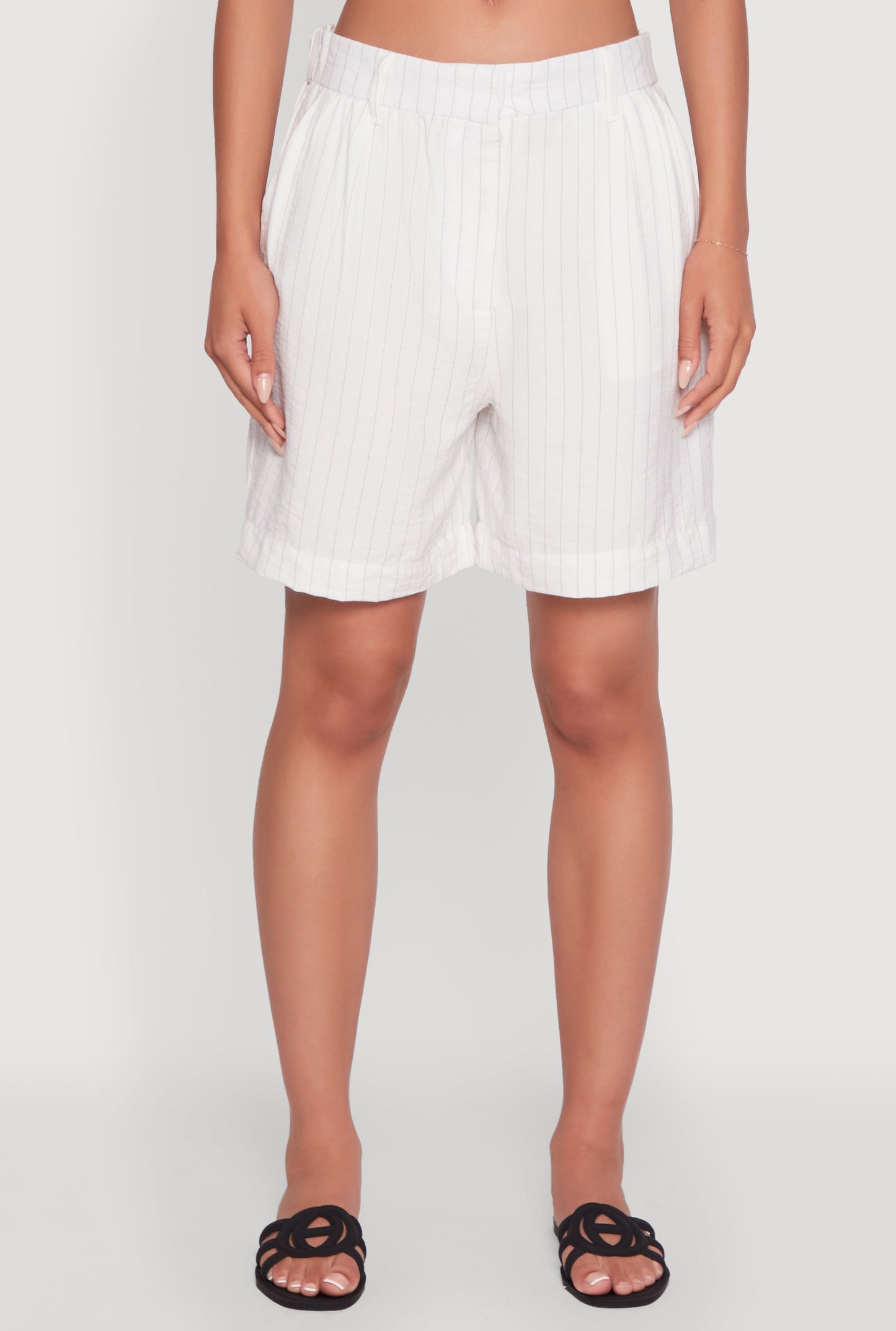 Trendy High Waisted Pinstripe Crepe Knit Shorts