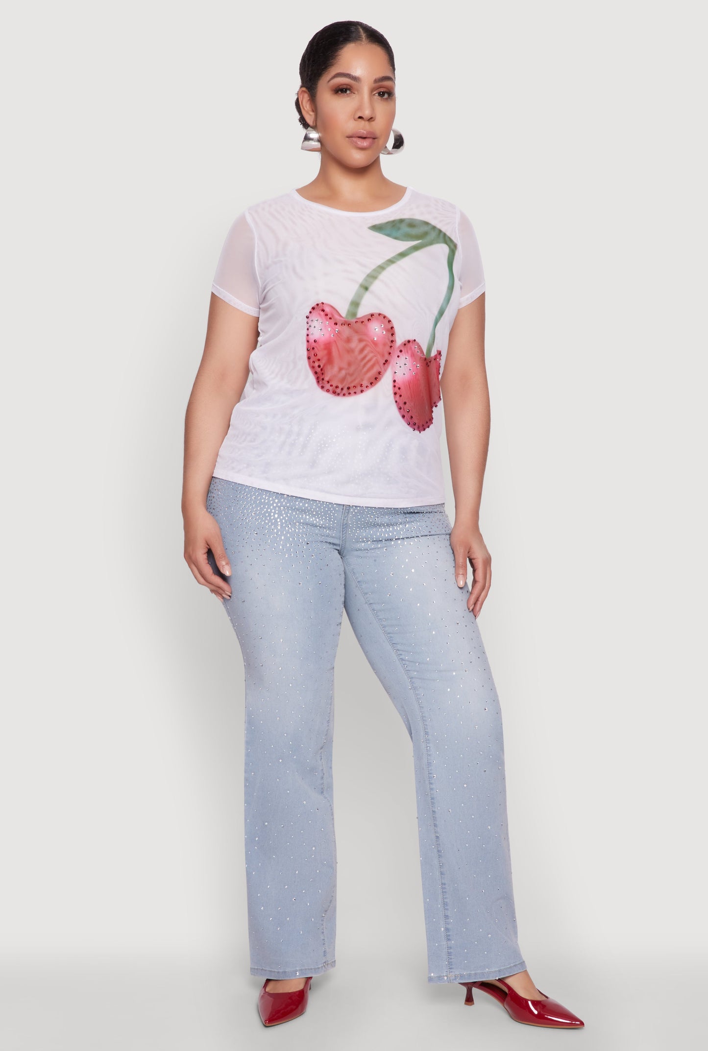 Plus Size Rhinestone Cherry Print Mesh Top