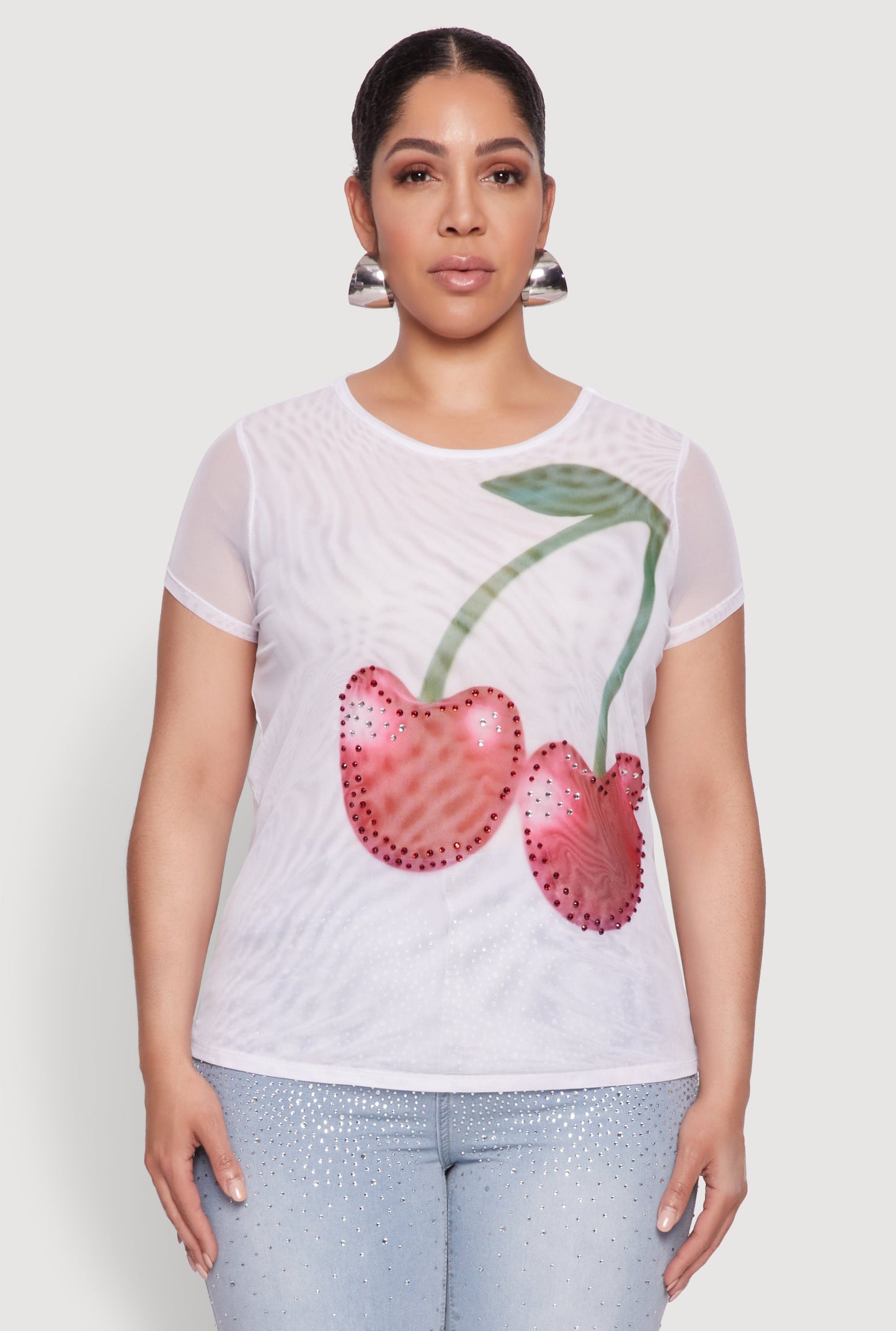 Plus Size Rhinestone Cherry Print Mesh Top