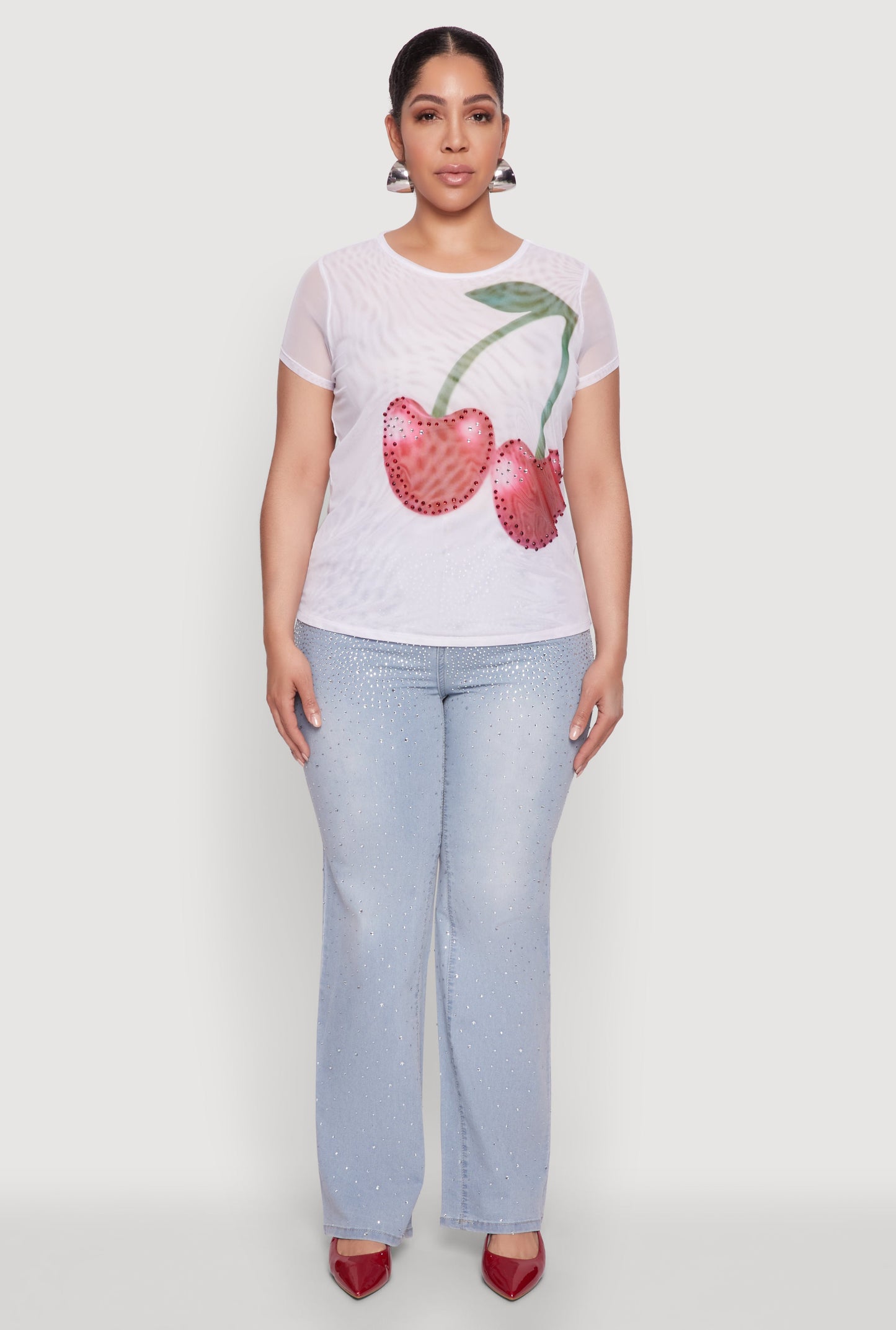 Plus Size Rhinestone Cherry Print Mesh Top