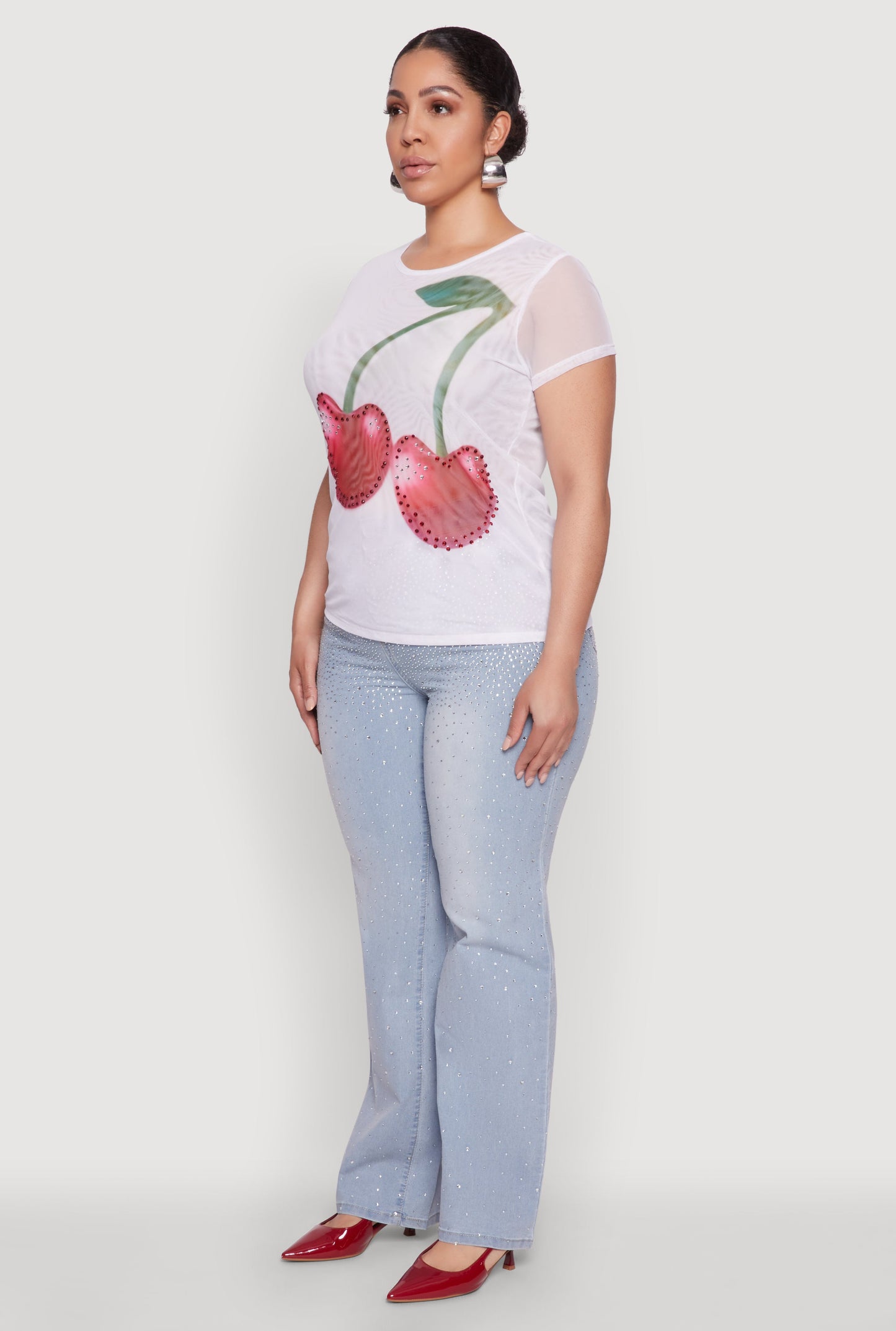 Plus Size Rhinestone Cherry Print Mesh Top