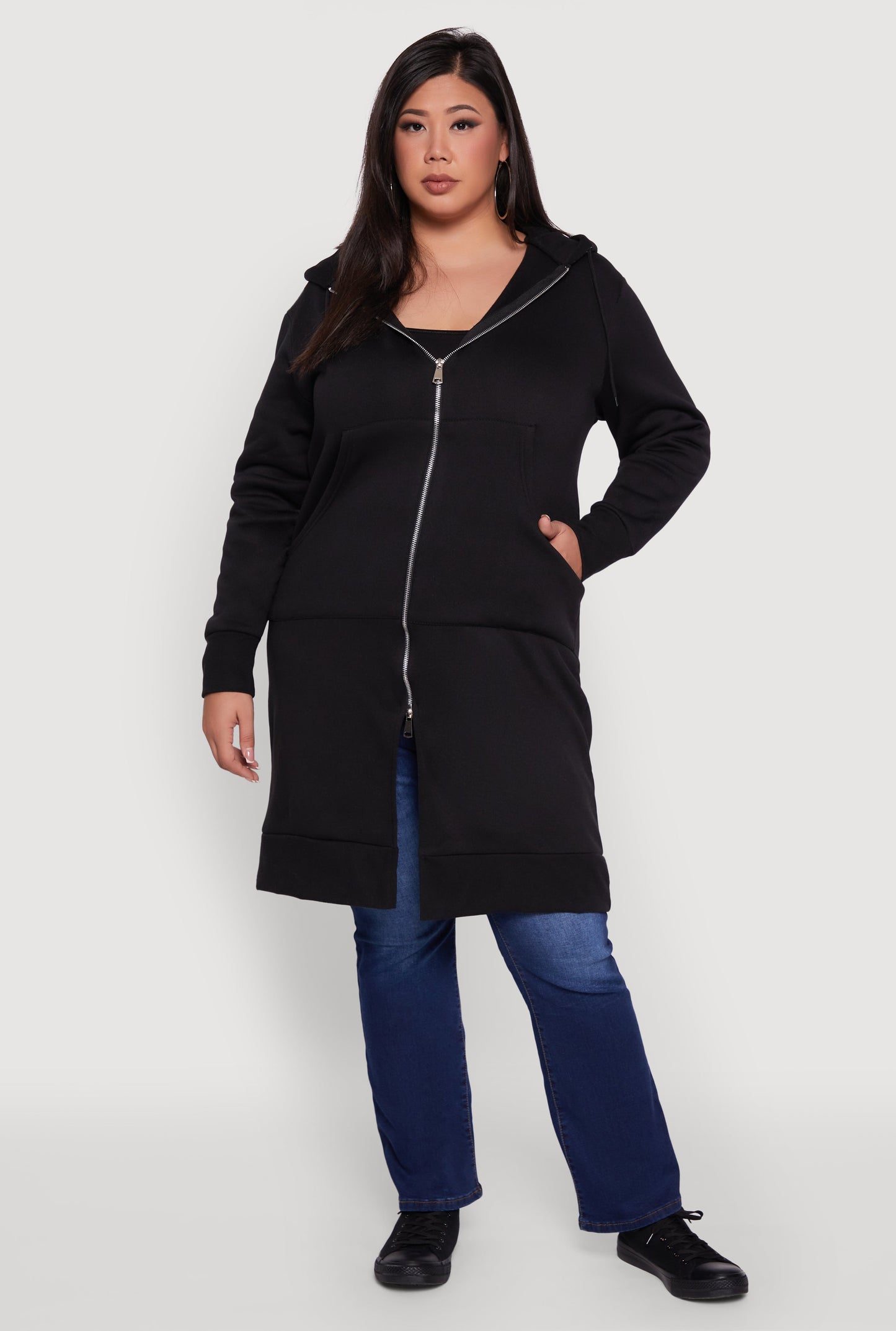 Plus Size Zip Front Long Hoodie