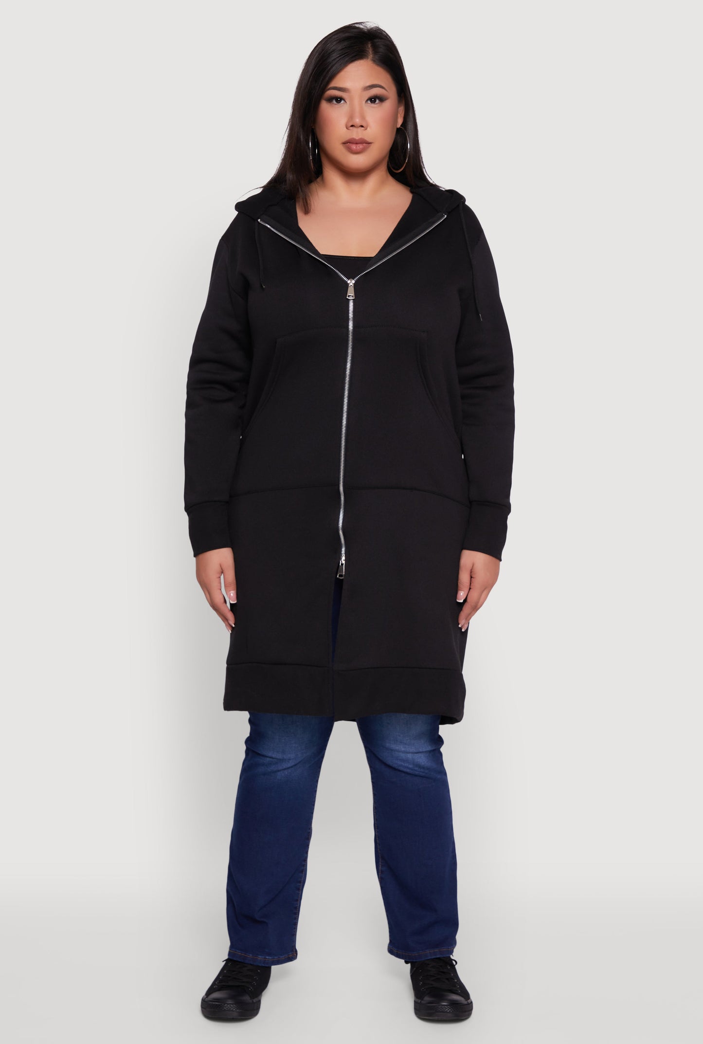 Plus Size Zip Front Long Hoodie