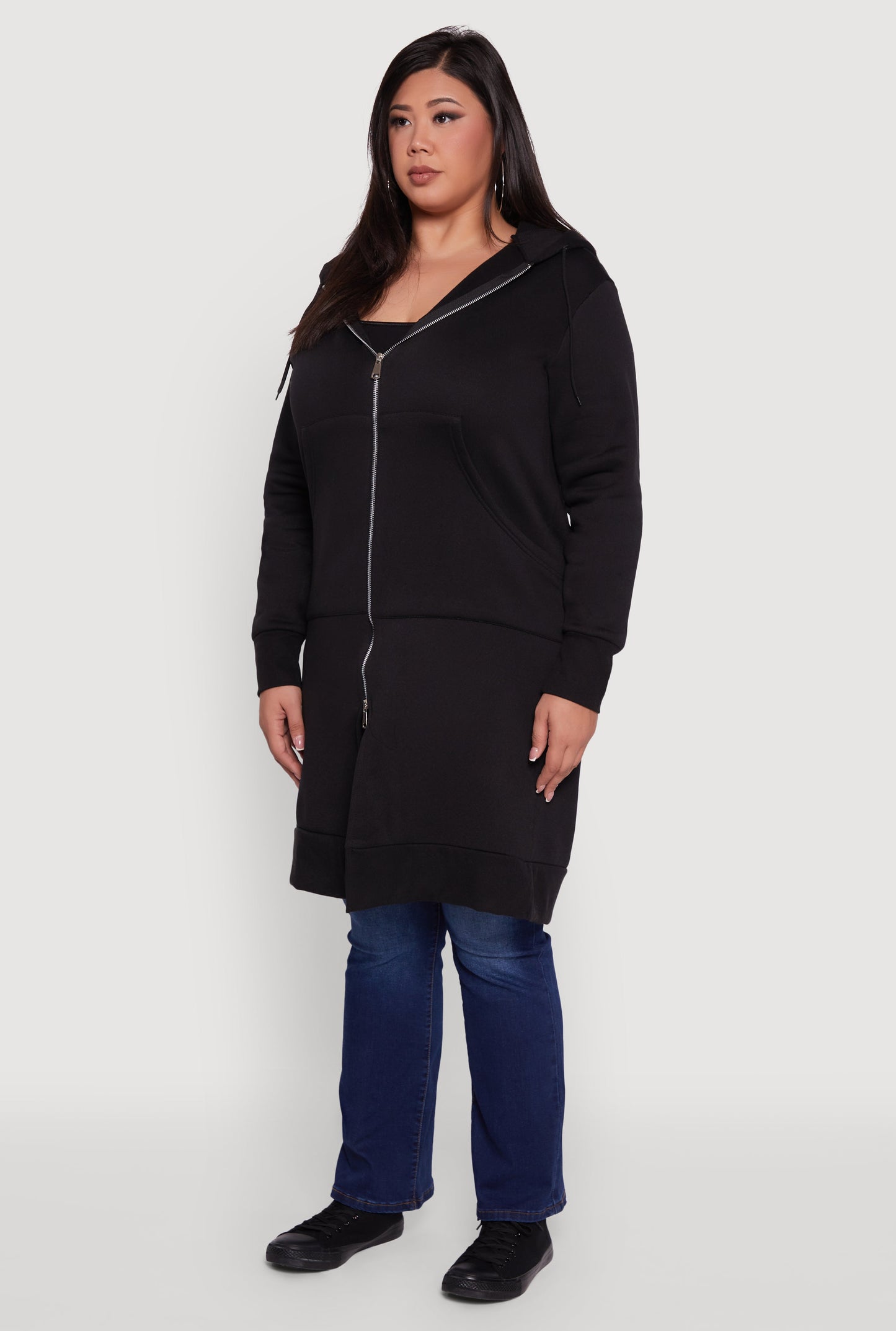 Plus Size Zip Front Long Hoodie