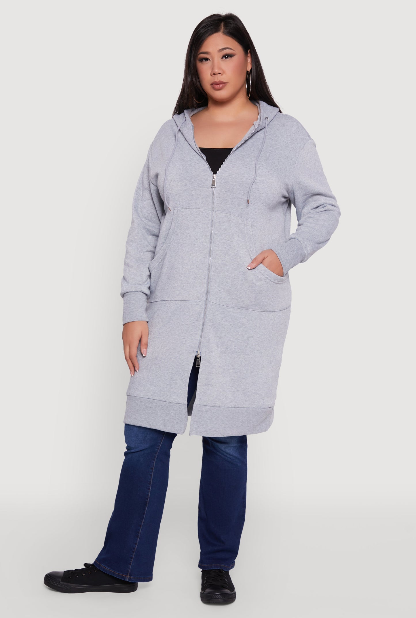 Plus Size Zip Front Long Hoodie