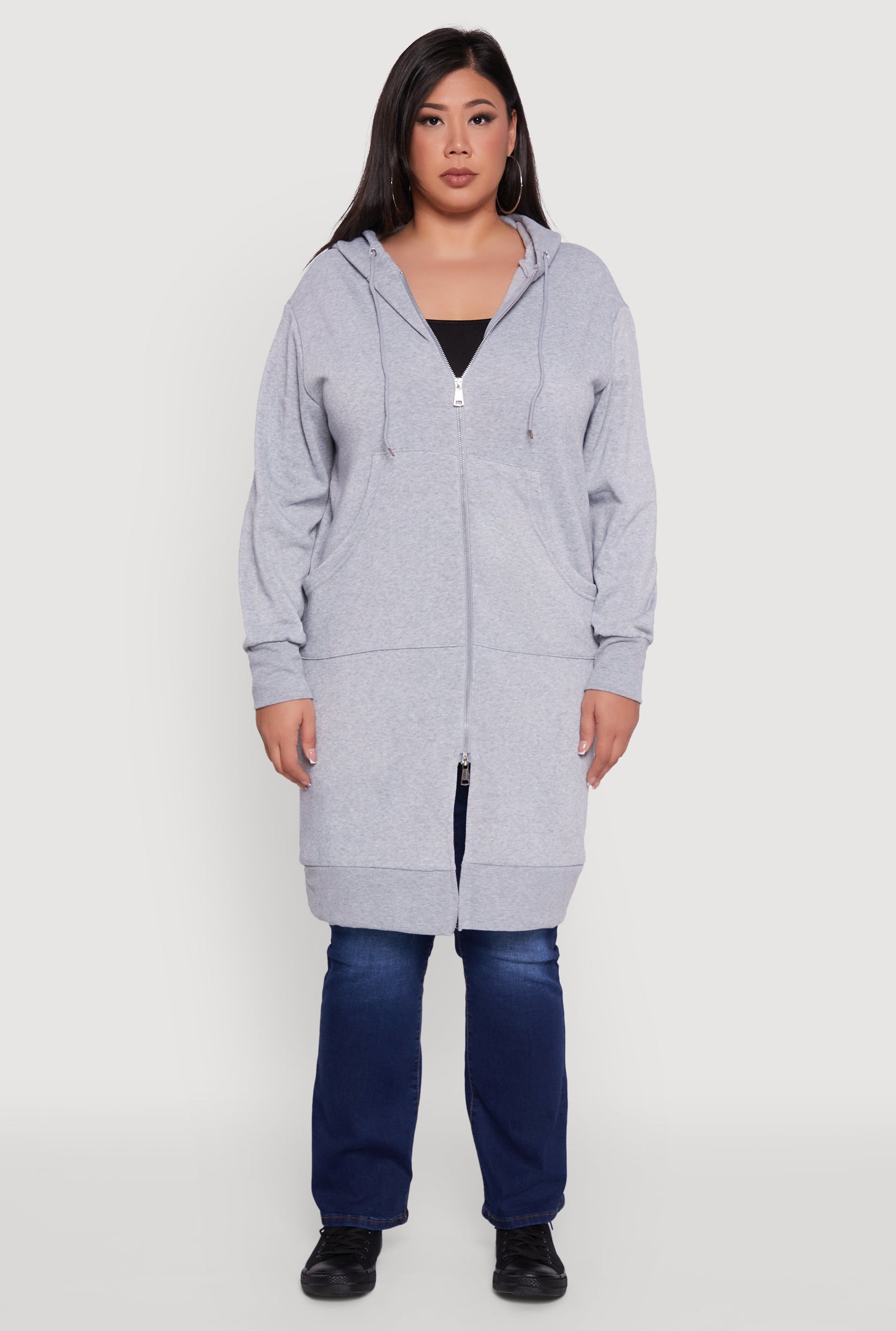 Plus Size Zip Front Long Hoodie