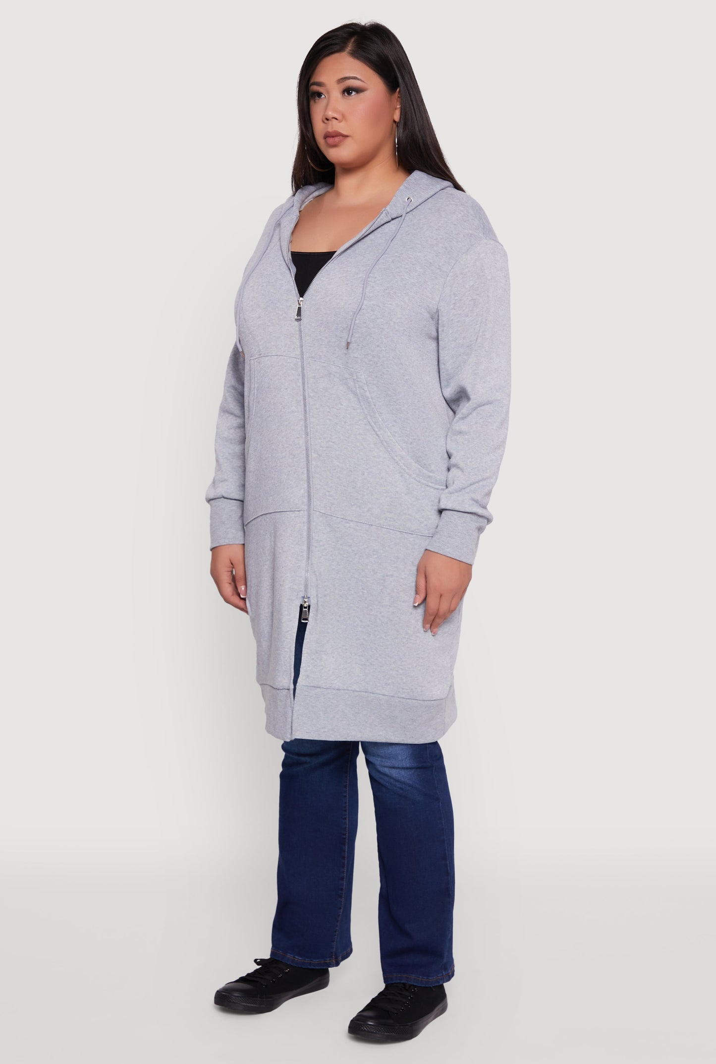 Plus Size Zip Front Long Hoodie