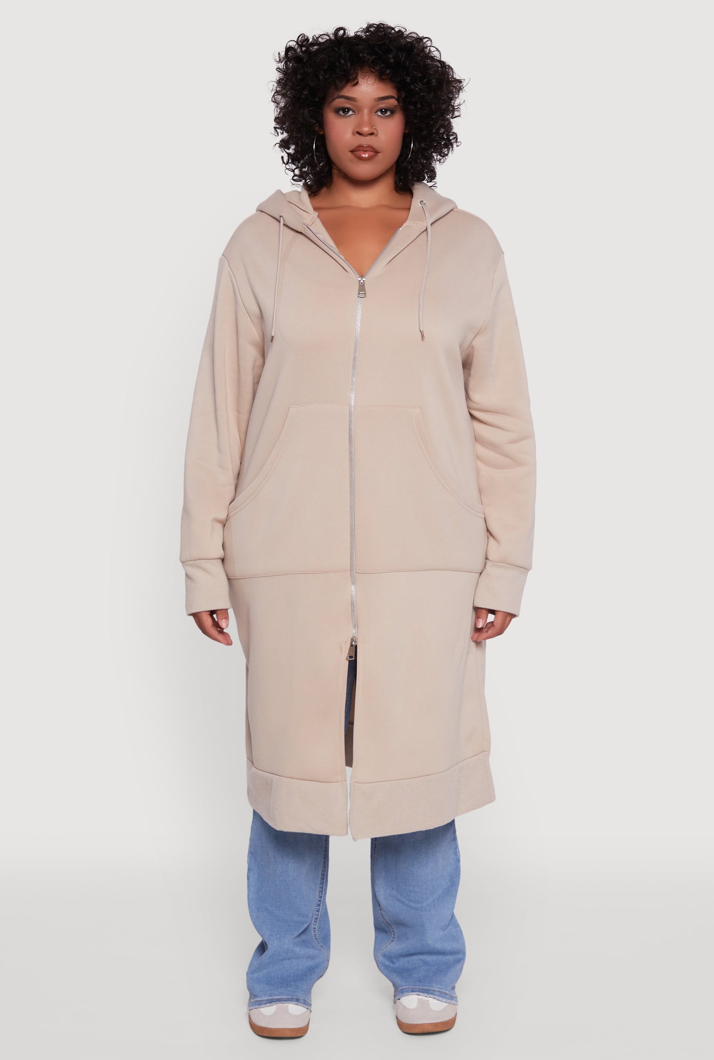 Plus Size Zip Front Long Hoodie