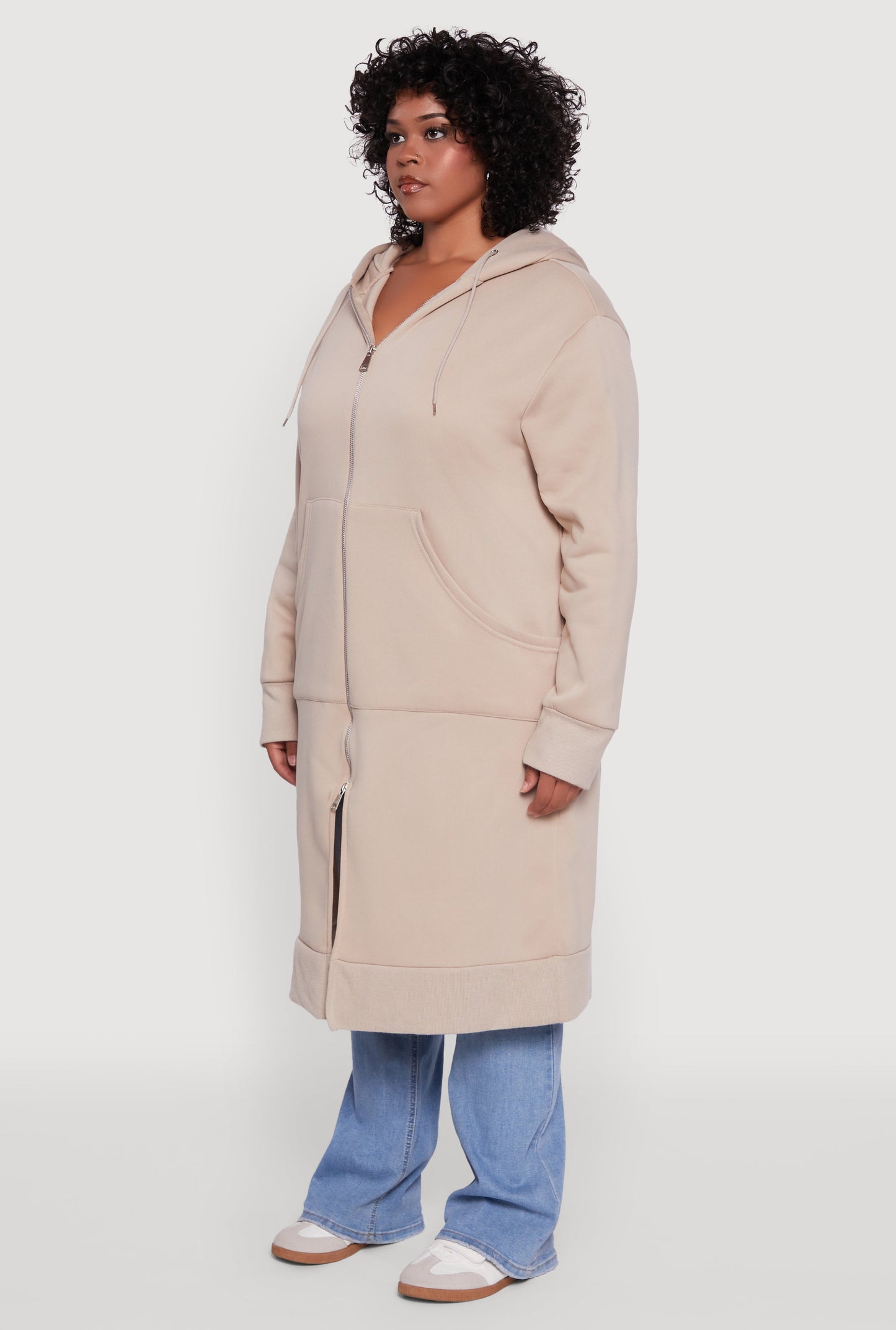 Plus Size Zip Front Long Hoodie