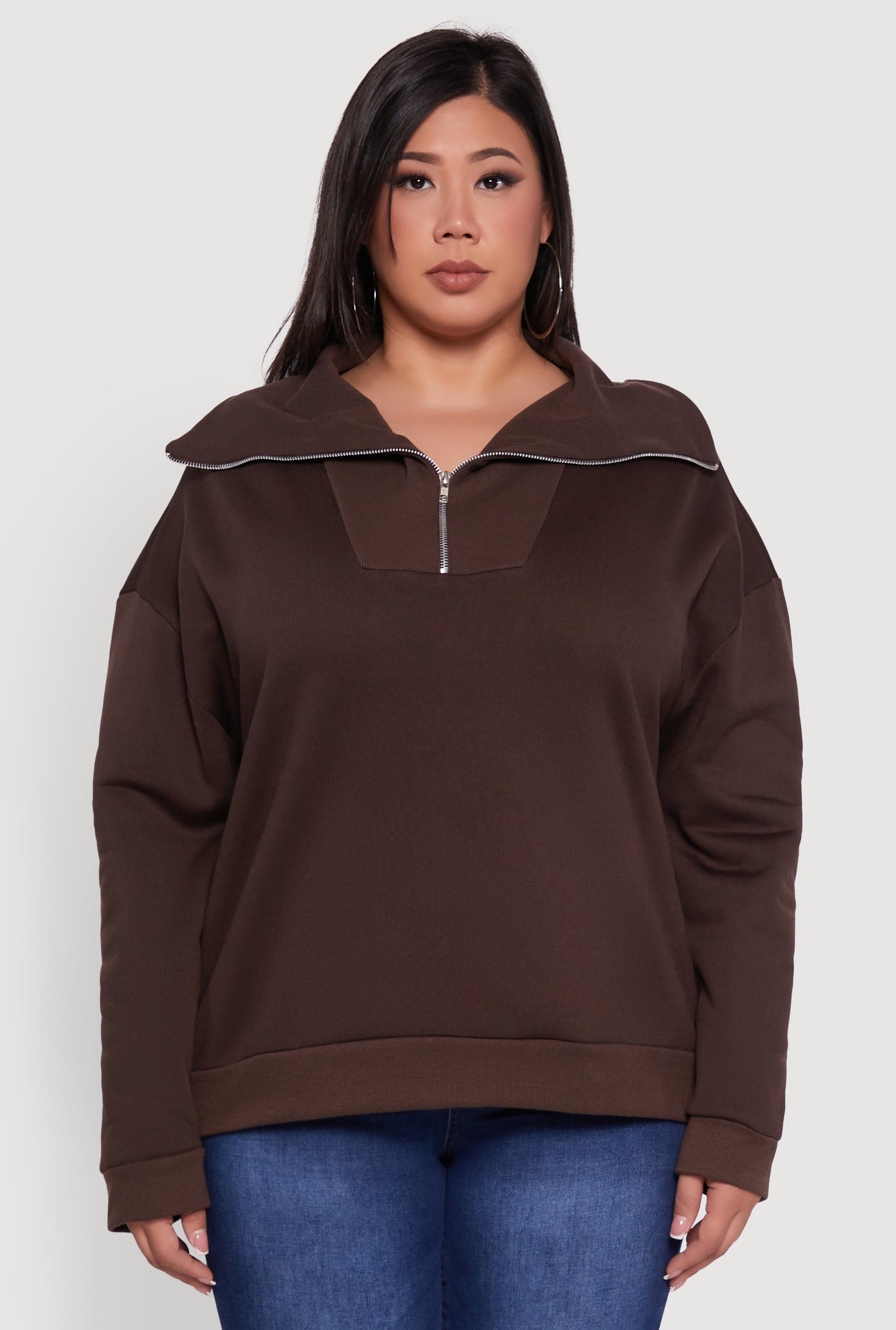 Plus Size Fleece Lined Collared Half Zip Sweatshirt
